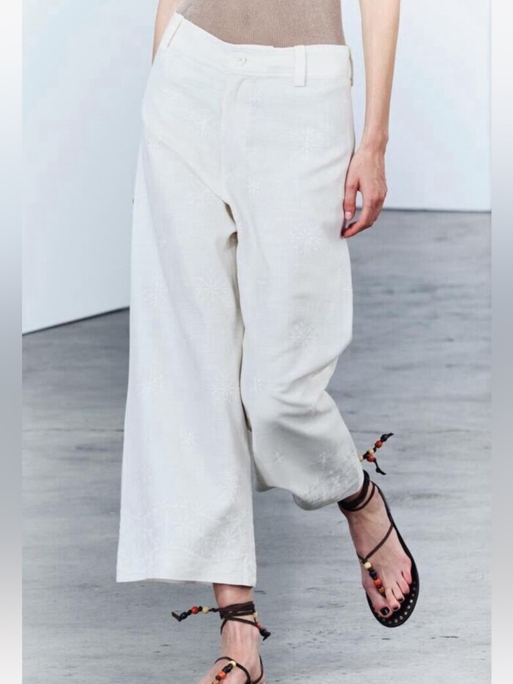 Zara Embroidered Paisley Wide Leg High Rise Linen Blend Trouser White Size XL/32